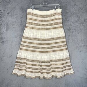 Chico's Crochet Tiered Midi Skirt Ivory Taupe Cotton Boho Prairie Large Party